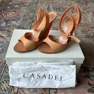 Used Casadei 1807 Wood Wedge Heel with neon orange Sweet Alpaca size 38/8